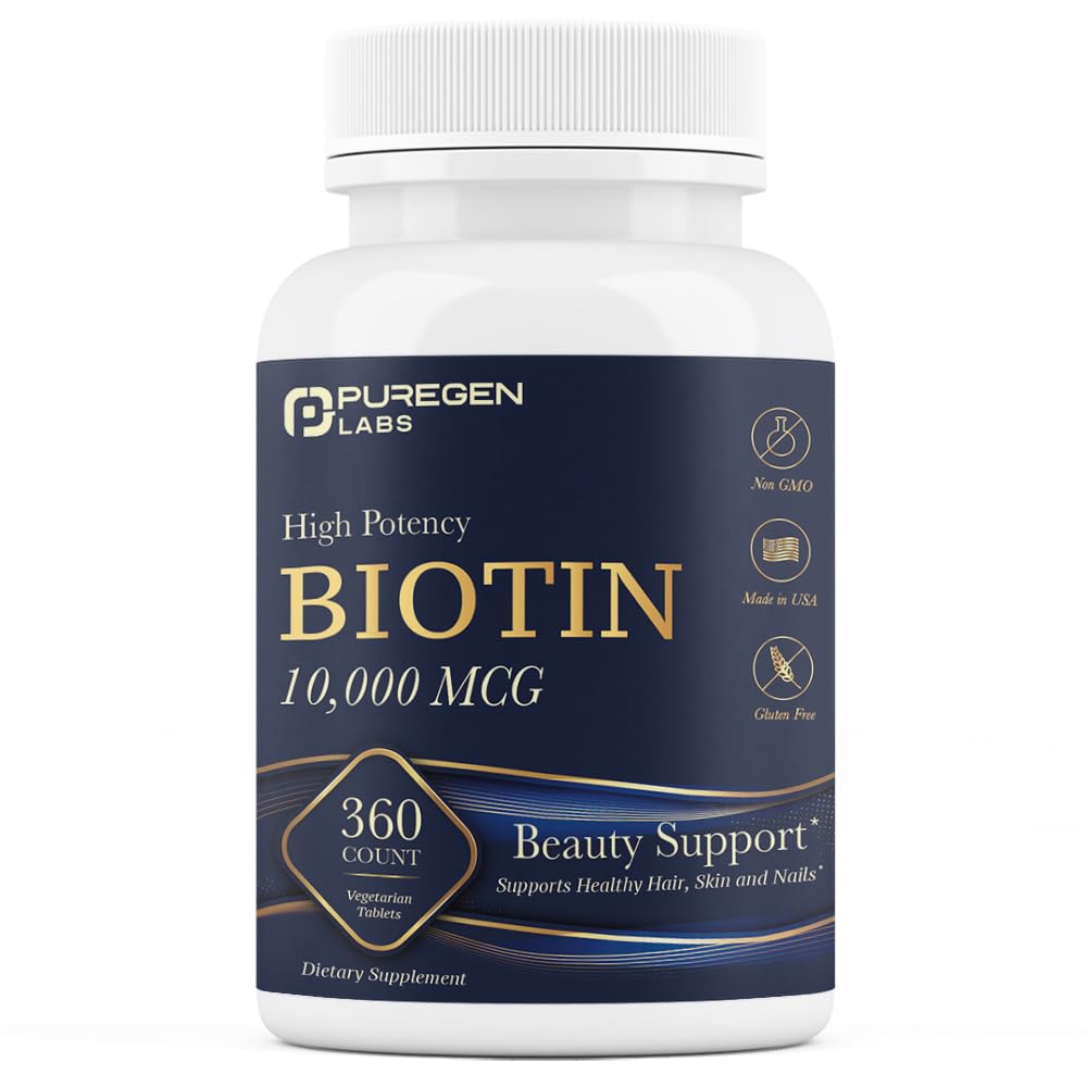 Puregen Labs Biotin 10,000 MCG Supports Healthy Hair, Skin & Nails - High Potency Beauty Support - Non-GMO, Gluten Free | 360 Vegetarian Tablets