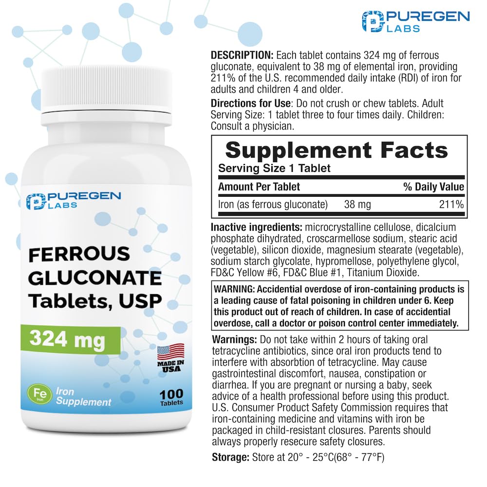 Puregen Labs Ferrous Gluconate 324 mg Iron – High Potency, Gentle on Stomach