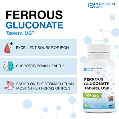 Puregen Labs Ferrous Gluconate 324 mg Iron – High Potency, Gentle on Stomach