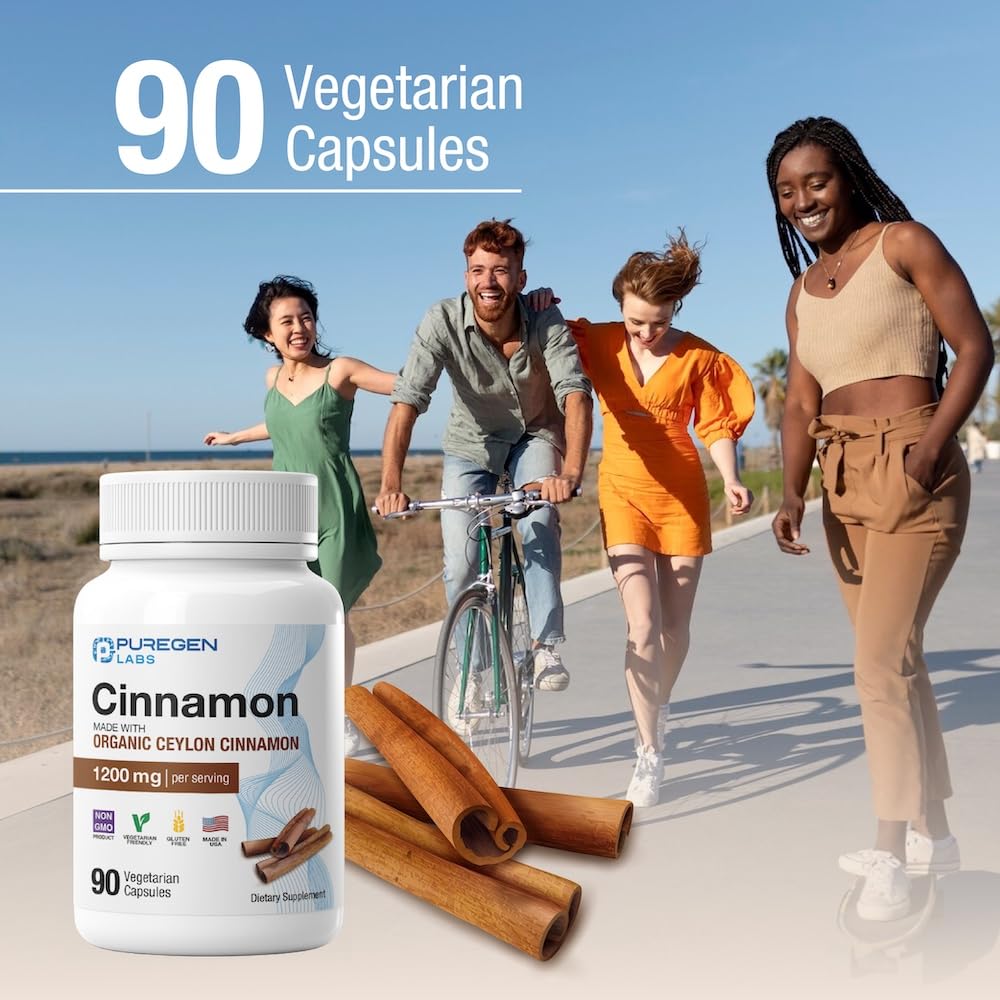 Puregen Labs Organic Cinnamon (Ceylon) 1200mg per Serving | 90 Veggie Caps | Non-GMO, Gluten-Free | Made in USA