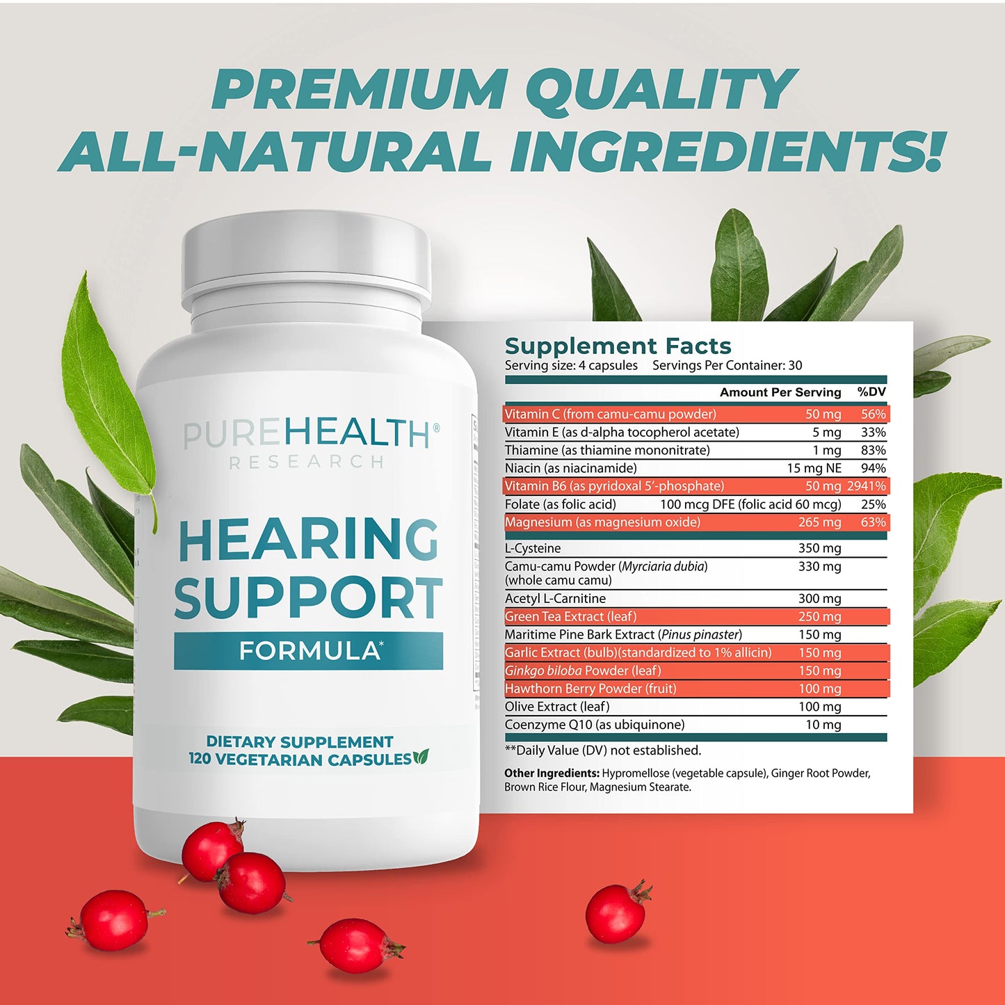 PUREHEALTH RESEARCH Hearing Support Formula – Natural Tinnitus Relief with Flavonoids & Vitamins