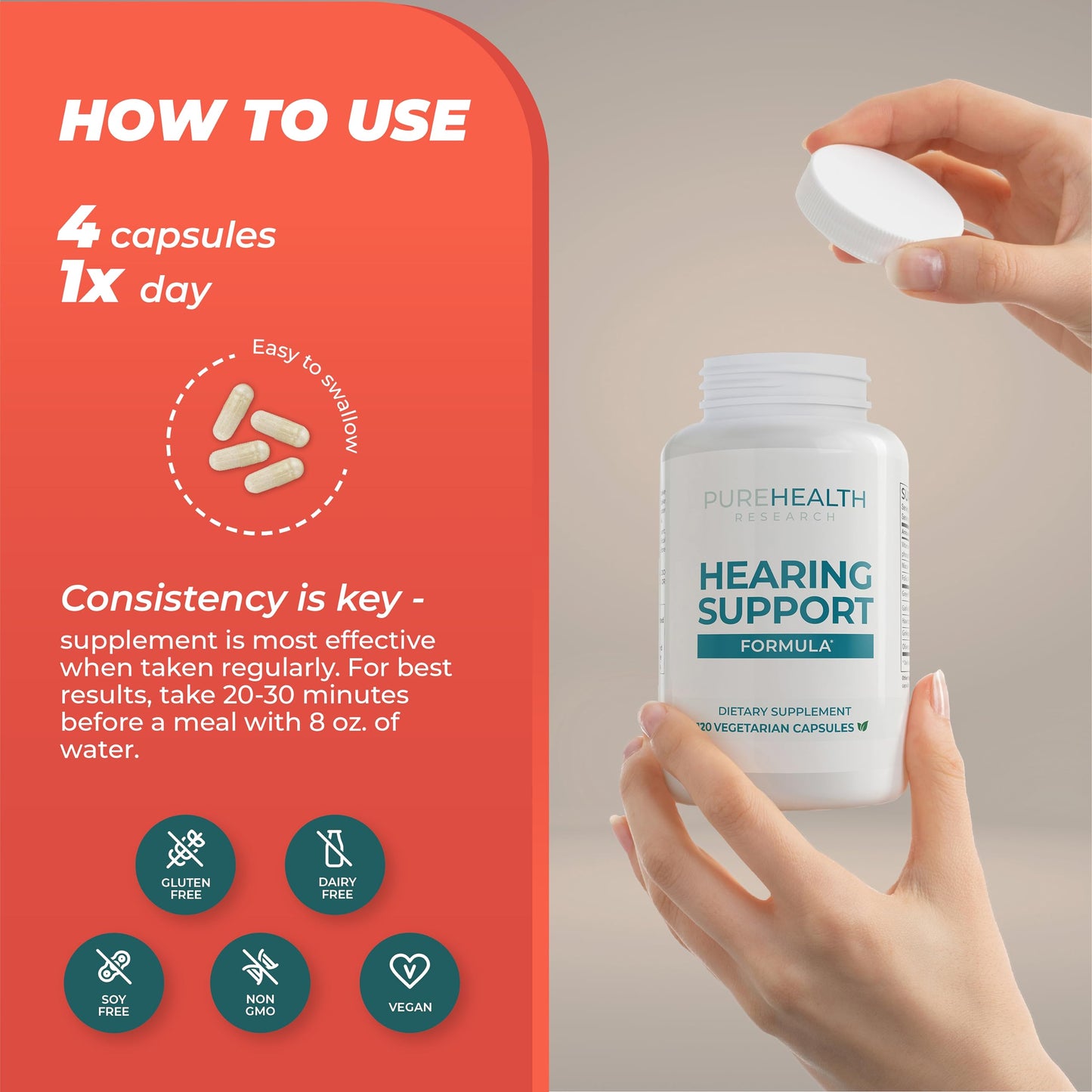 PUREHEALTH RESEARCH Hearing Support Formula – Natural Tinnitus Relief with Flavonoids & Vitamins