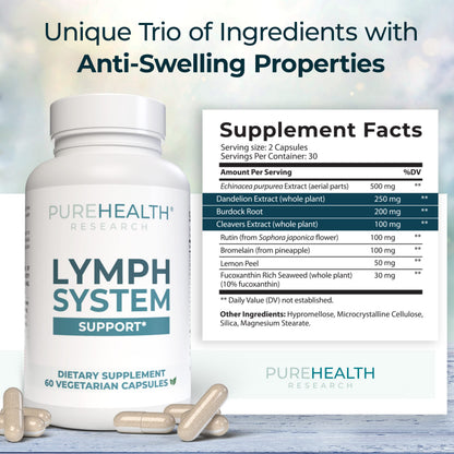 PUREHEALTH RESEARCH Lymph System Support — Lymphatic Drainage Supplement for Women & Men | 360 Capsules