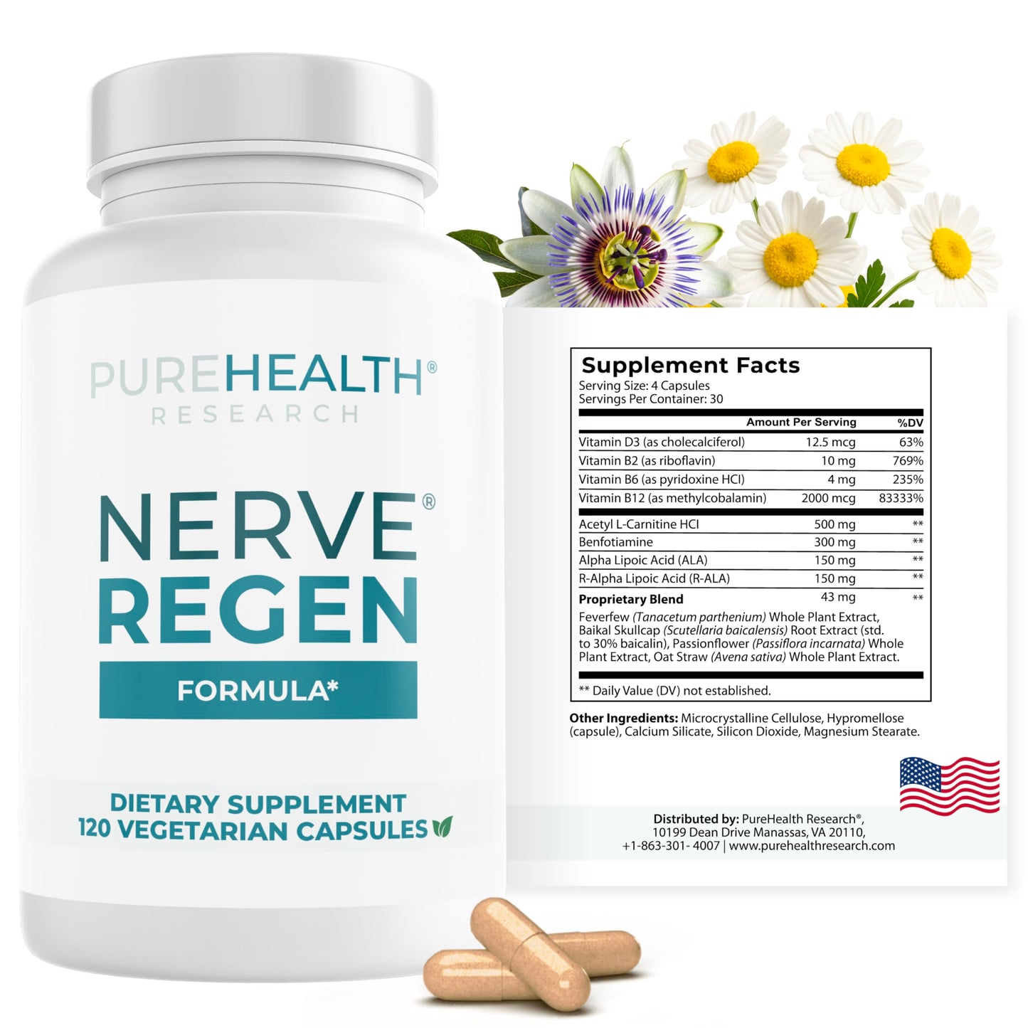 PUREHEALTH RESEARCH Nerve Regen Formula – Nerve Support Supplement for Hands & Feet | 60 Capsules
