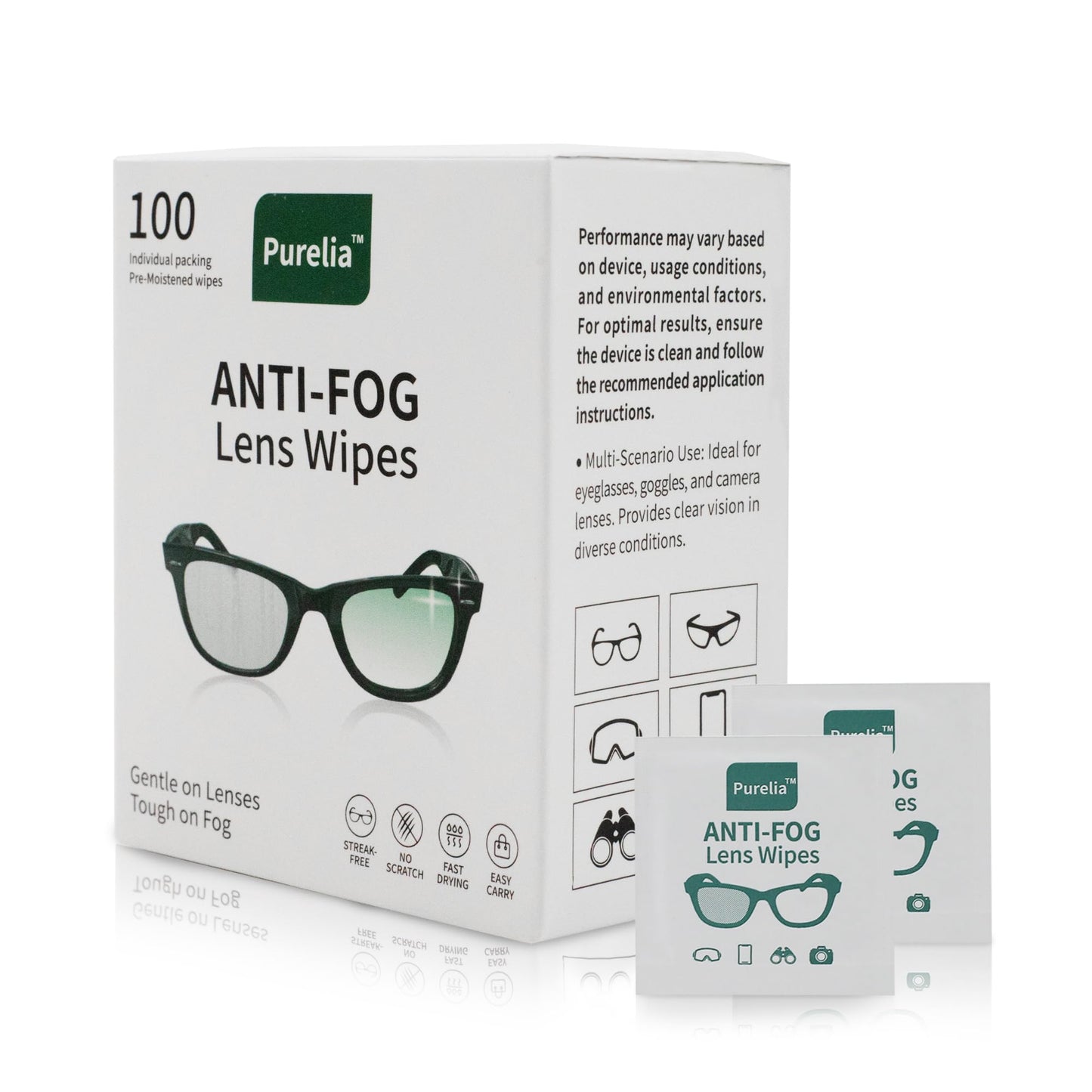 Purelia Anti-Fog Lens Wipes - 100 Count | Quick-Clean for Eyeglasses & Screens