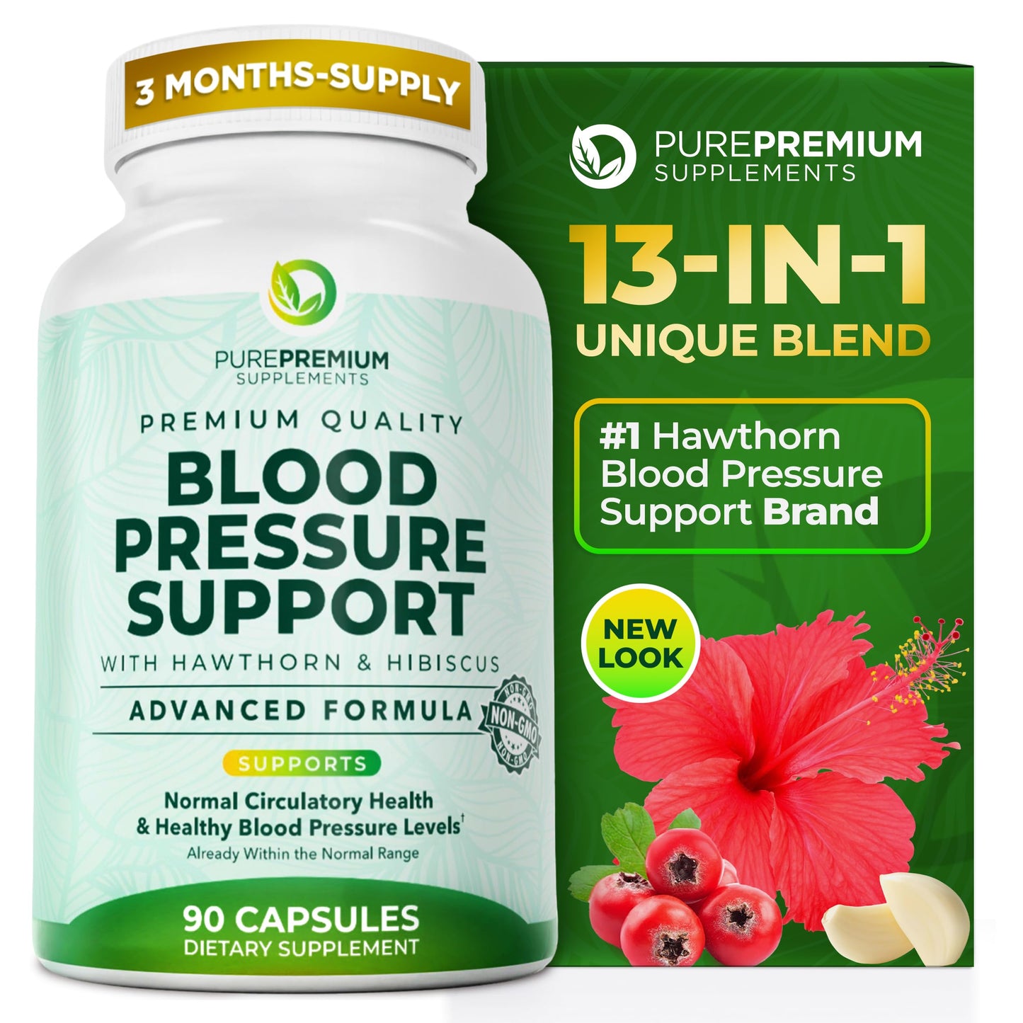 PurePremium Blood Pressure Supplements – Hawthorn, Hibiscus, Garlic & Vitamin B12 | Nitric Oxide Support for Heart & Circulation, 90 Count