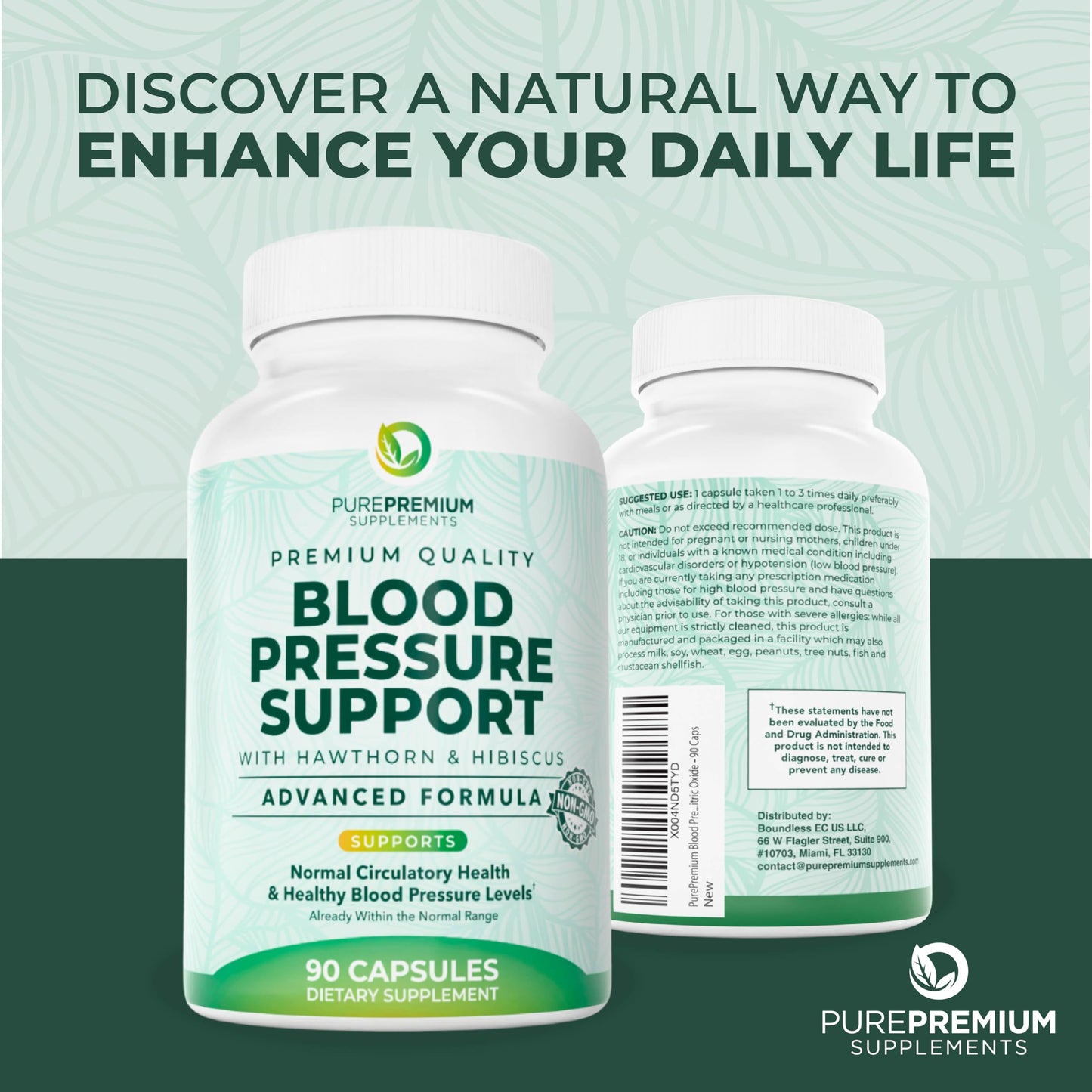 PurePremium Blood Pressure Supplements – Hawthorn, Hibiscus, Garlic & Vitamin B12 | Nitric Oxide Support for Heart & Circulation, 90 Count