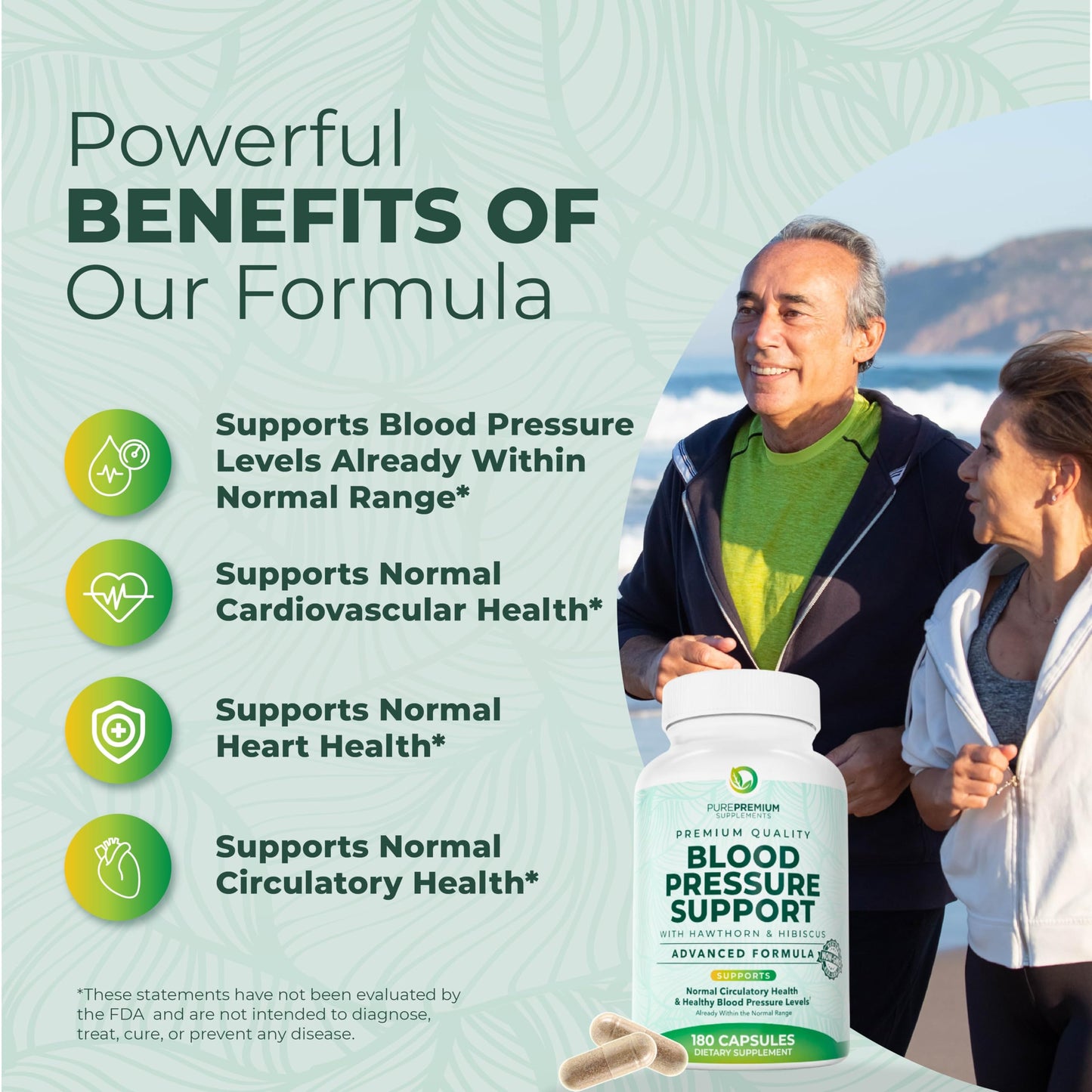 PurePremium Blood Pressure Supplements with Hawthorn, Hibiscus, Garlic & Vitamin B12 – Nitric Oxide & Circulation Support (180ct)
