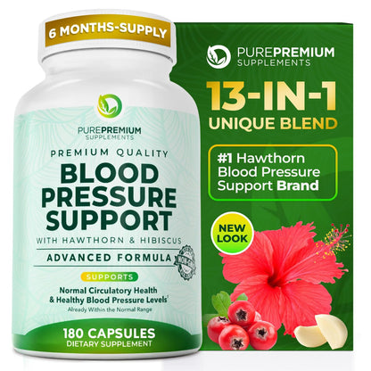 PurePremium Blood Pressure Supplements with Hawthorn, Hibiscus, Garlic & Vitamin B12 – Nitric Oxide & Circulation Support (180ct)
