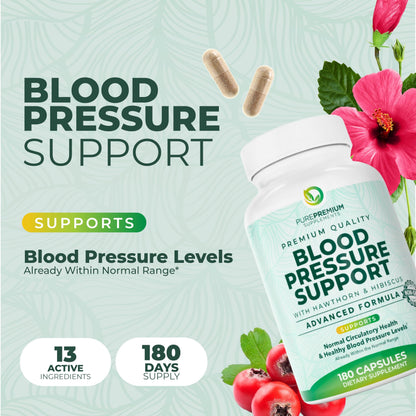 PurePremium Blood Pressure Supplements with Hawthorn, Hibiscus, Garlic & Vitamin B12 – Nitric Oxide & Circulation Support (180ct)
