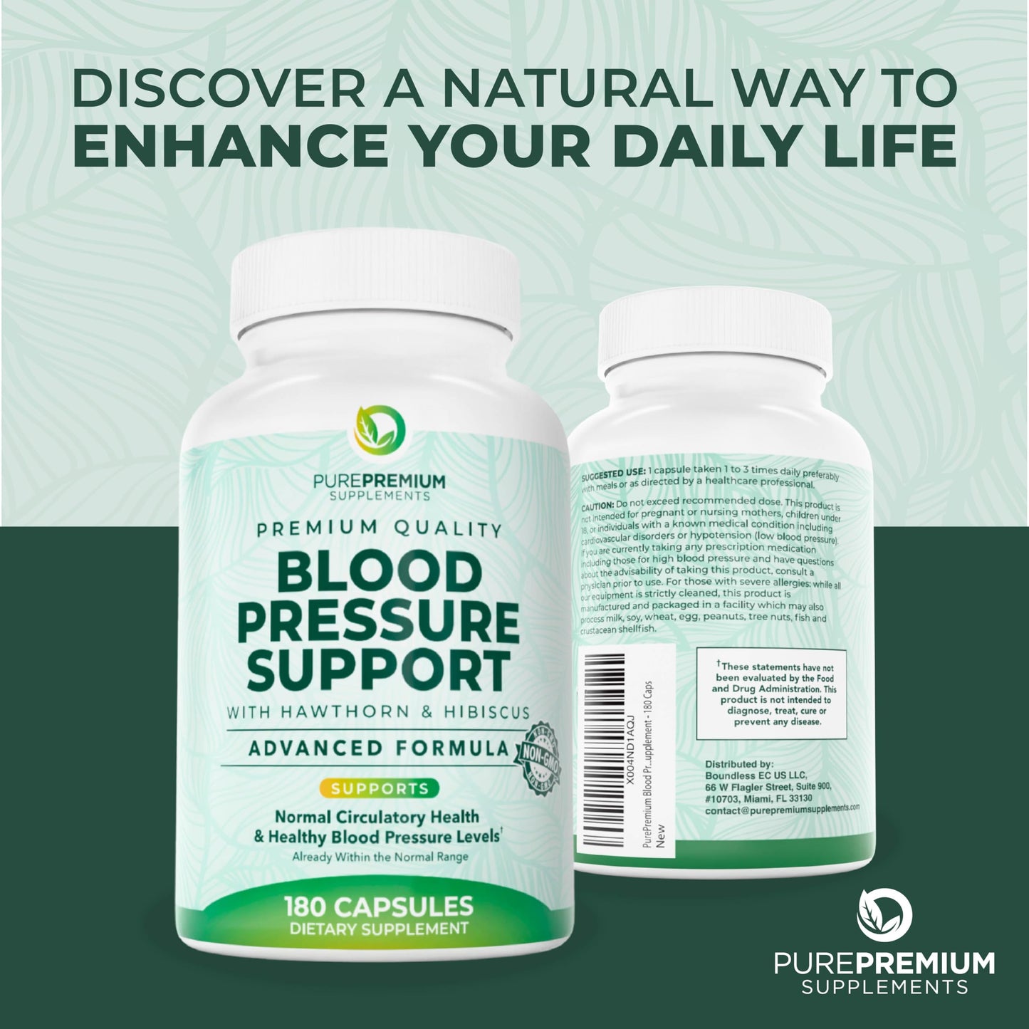 PurePremium Blood Pressure Supplements with Hawthorn, Hibiscus, Garlic & Vitamin B12 – Nitric Oxide & Circulation Support (180ct)