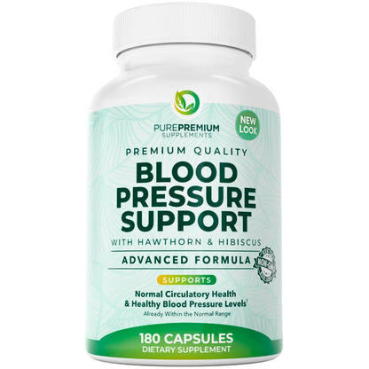 PurePremium Blood Pressure Supplements with Hawthorn, Hibiscus, Garlic & Vitamin B12 – Nitric Oxide & Circulation Support (180ct)