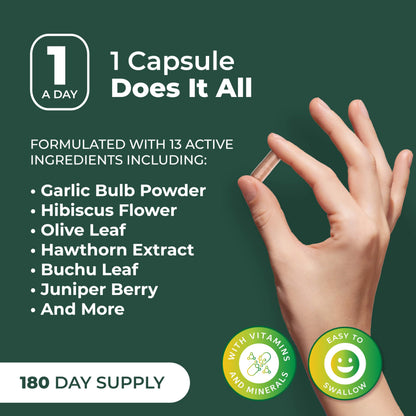 PurePremium Blood Pressure Supplements with Hawthorn, Hibiscus, Garlic & Vitamin B12 – Nitric Oxide & Circulation Support (180ct)