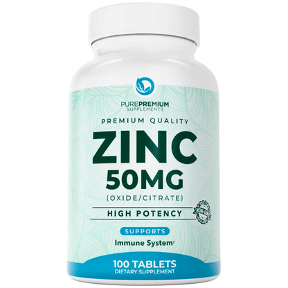 PurePremium Zinc 50mg Supplements for Men & Women - GMP-Certified Immune Support, 100 Tablets