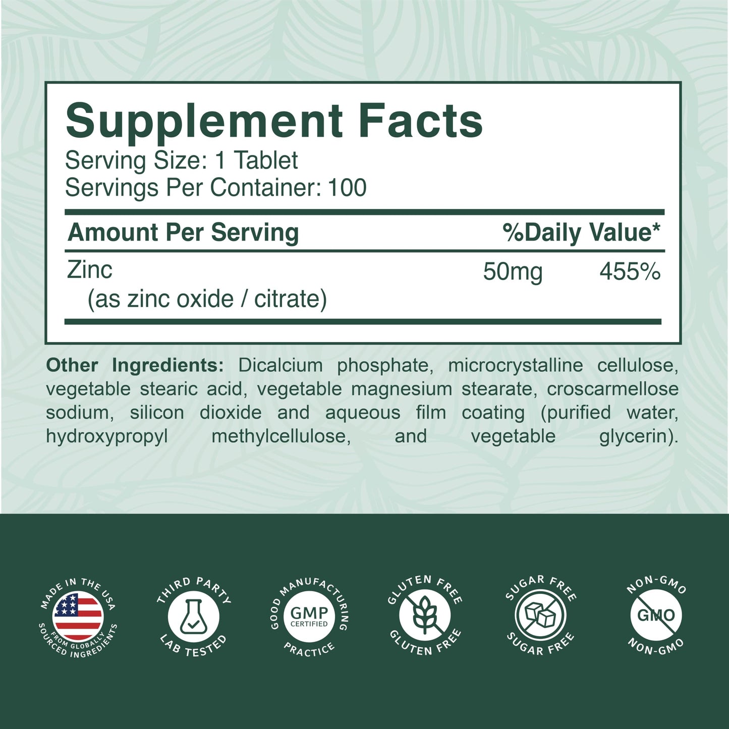 PurePremium Zinc 50mg Supplements for Men & Women - GMP-Certified Immune Support, 100 Tablets