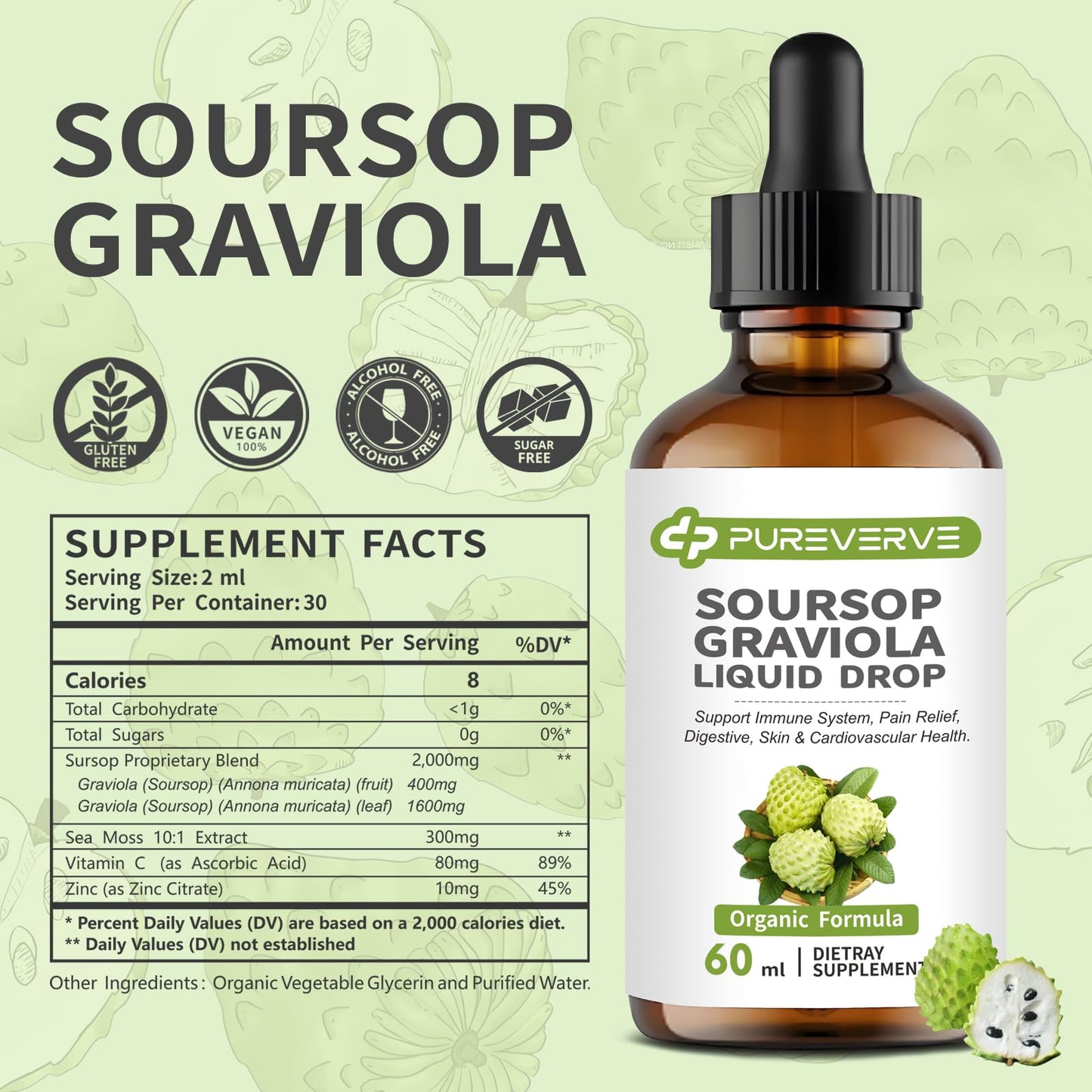 Purever Soursop Graviola Liquid Drop – Cell Support & Regeneration, Immune & Gut Health, Sugar/Gluten Free, 2 fl oz