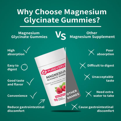 Pureverve Magnesium Glycinate Gummies 300mg – 90 Count, Non-GMO, Gluten & Soy Free