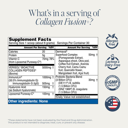 Collagen Fusion+ 7-in-1 Powder with VERISOL® & ImmunoLin® – Skin, Hair, Nails, Joints & Gut (Unflavored, 30 Servings)