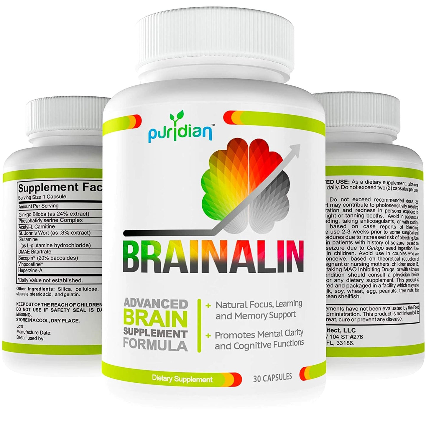 Puridian Brain Supplement for Memory, Focus & Concentration | Brainalin Nootropic Capsules | Non-GMO & Caffeine-Free