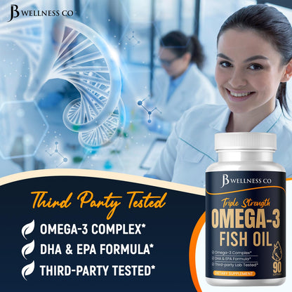 Triple Strength Omega-3 Fish Oil 3750 mg | EPA 1350 mg + DHA 900 mg | Burpless | 90 Softgels
