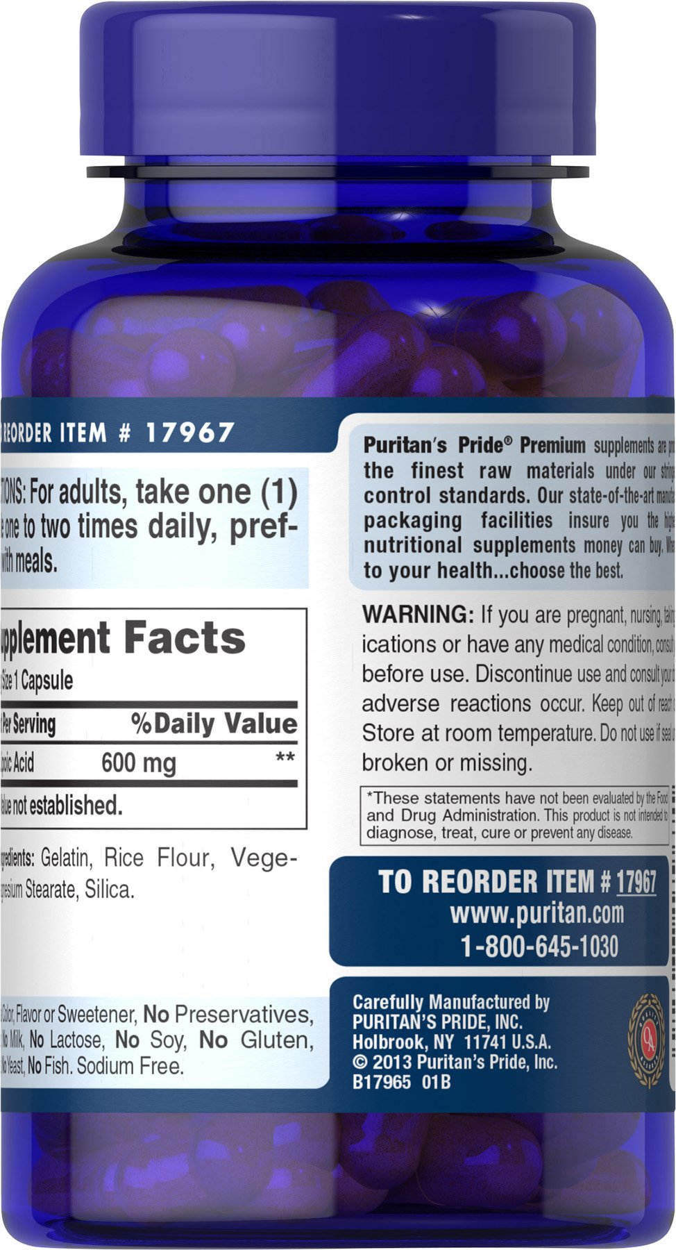 Puritan's Pride Alpha Lipoic Acid 600 Mg, 120 Count - Antioxidant Support