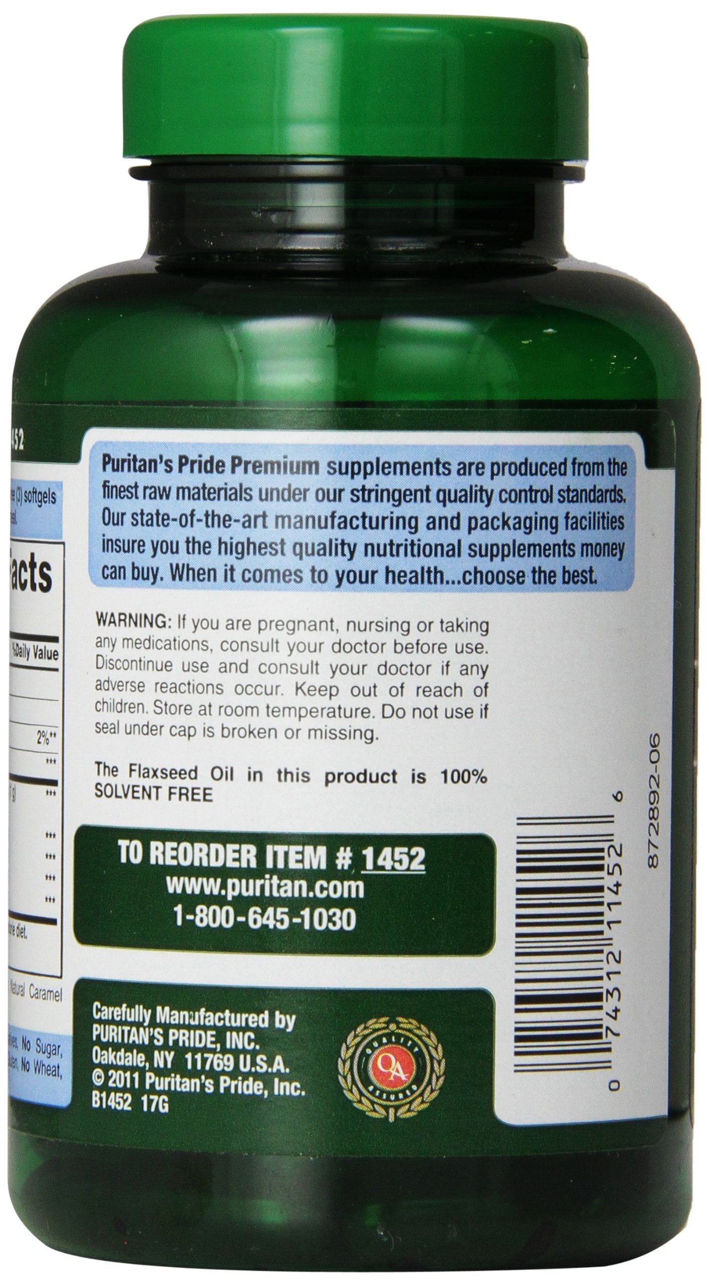 Puritan's Pride Flax Oil 1000 mg – Cold Pressed Omega-3-6-9 | 120 Softgels