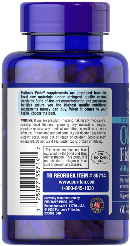 Puritans Pride Omega-3 Fish Oil 1500 mg | 450 mg EPA/DHA Softgels, 60 ct