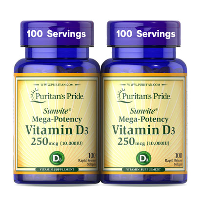 Puritan's Pride Vitamin D3 10,000 IU – 2-Pack (200 Softgels) – Immune & Bone Support