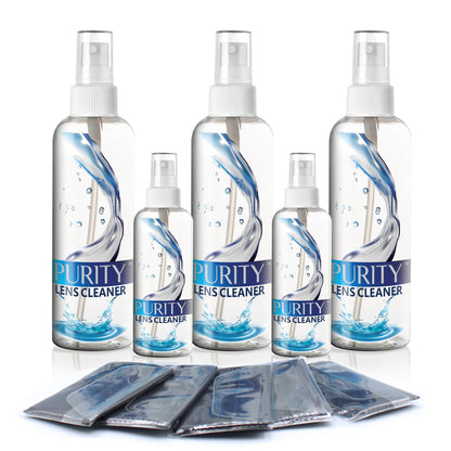 Purity Eyeglass Cleaner Mega Pack - Multi-Size Kit (2x2oz + 3x8oz) + 5 Cloths