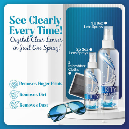 Purity Eyeglass Cleaner Mega Pack - Multi-Size Kit (2x2oz + 3x8oz) + 5 Cloths