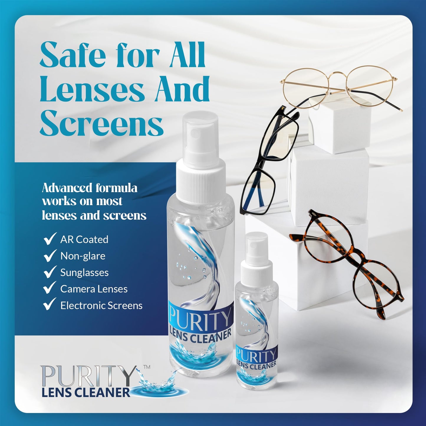 Purity Eyeglass Cleaner Mega Pack - Multi-Size Kit (2x2oz + 3x8oz) + 5 Cloths