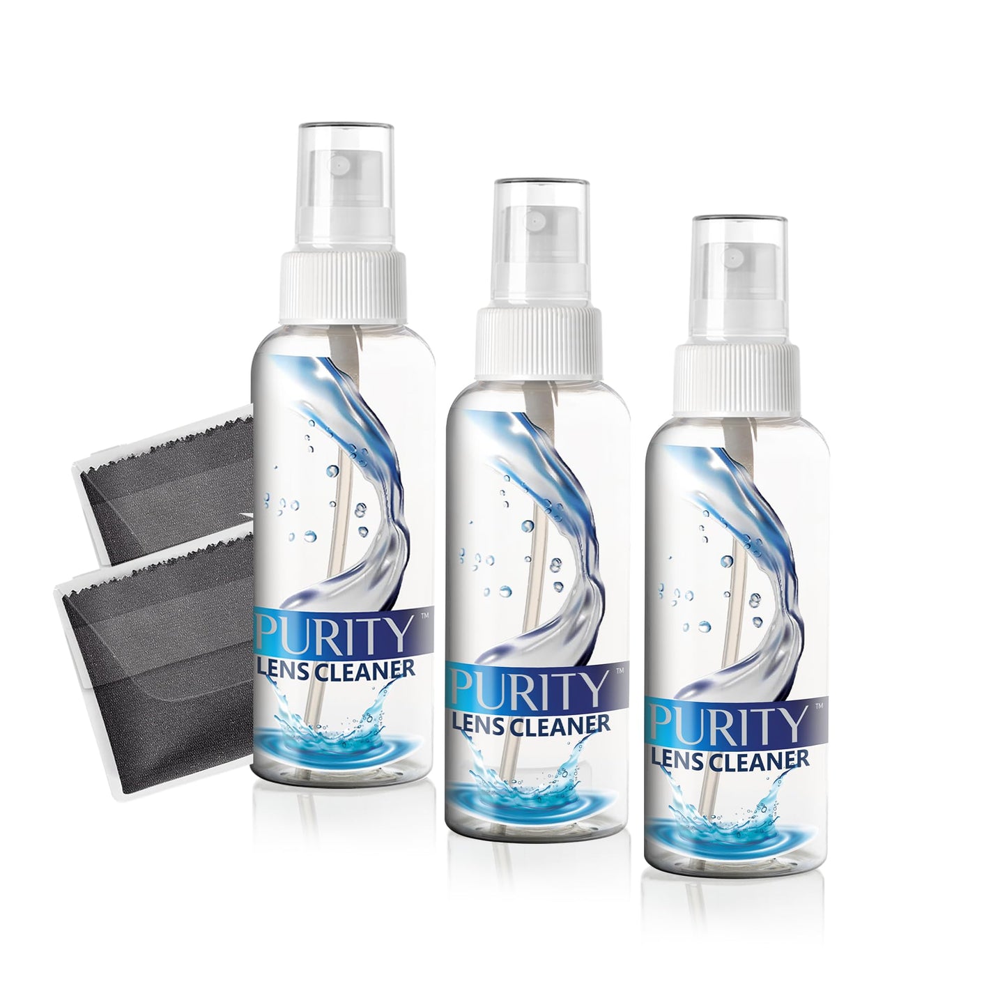 Purity Eyeglass Lens Cleaner Kit – 3 Travel-Size 2oz Bottles + 2 Microfiber Cloths | Safe for All Lenses & AR Coated
