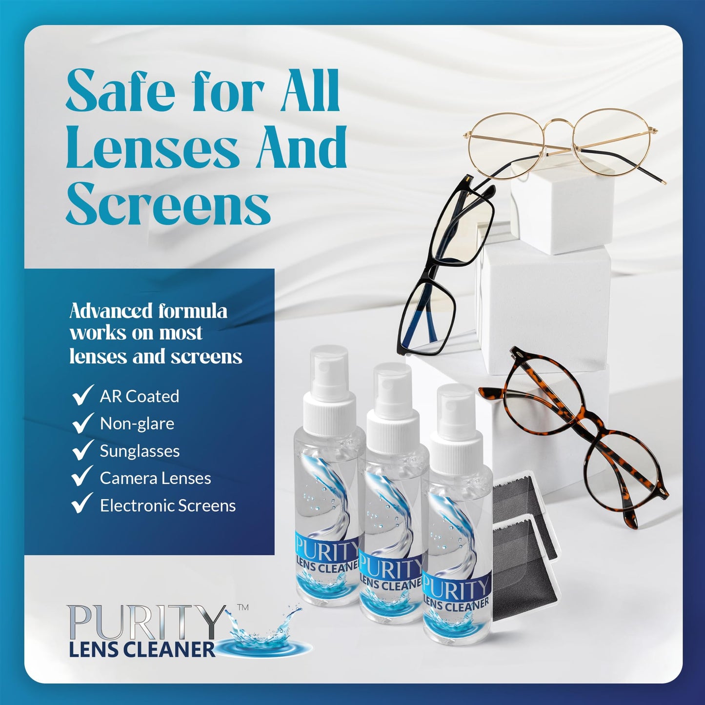 Purity Eyeglass Lens Cleaner Kit – 3 Travel-Size 2oz Bottles + 2 Microfiber Cloths | Safe for All Lenses & AR Coated