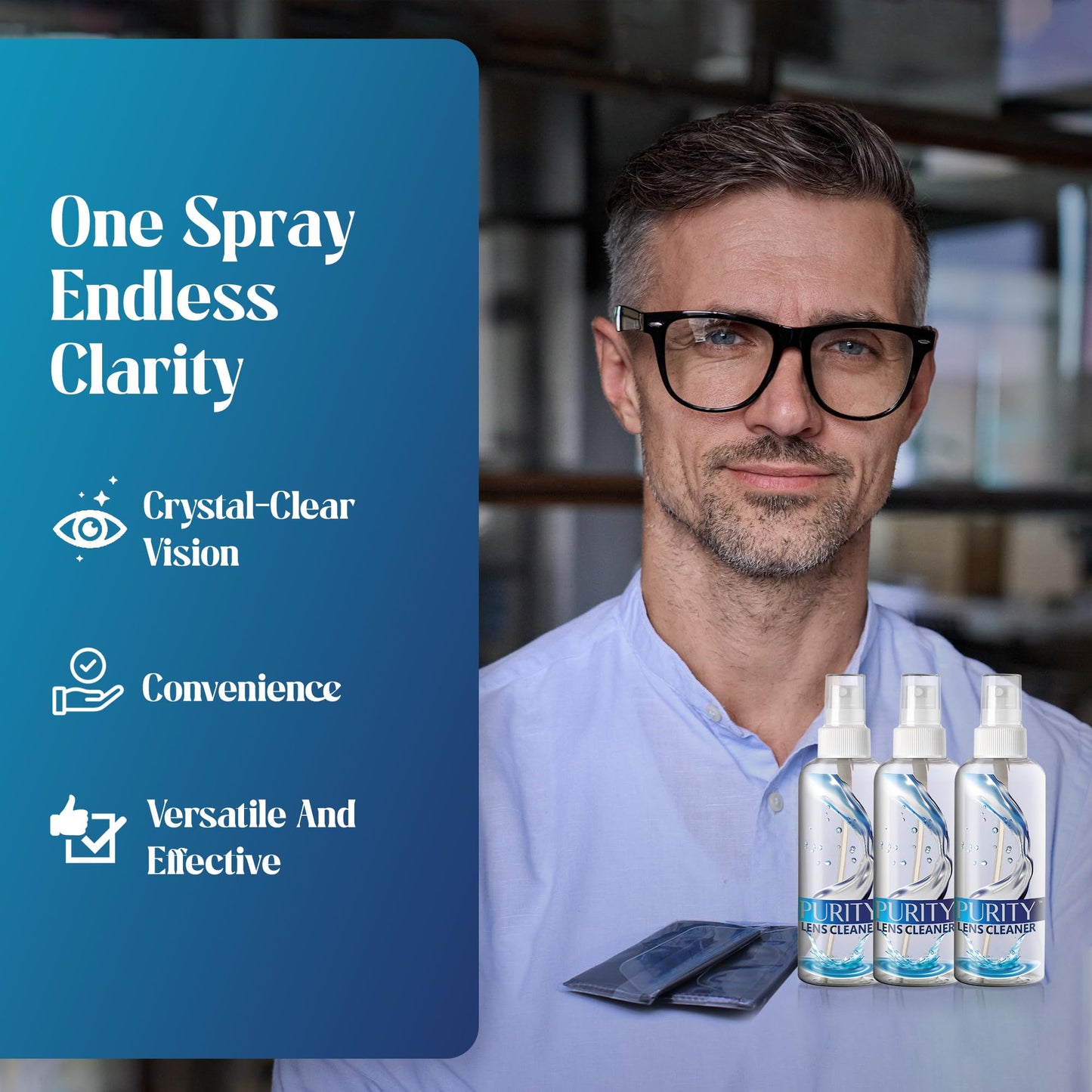 Purity Eyeglass Lens Cleaner Kit – 3 Travel-Size 2oz Bottles + 2 Microfiber Cloths | Safe for All Lenses & AR Coated