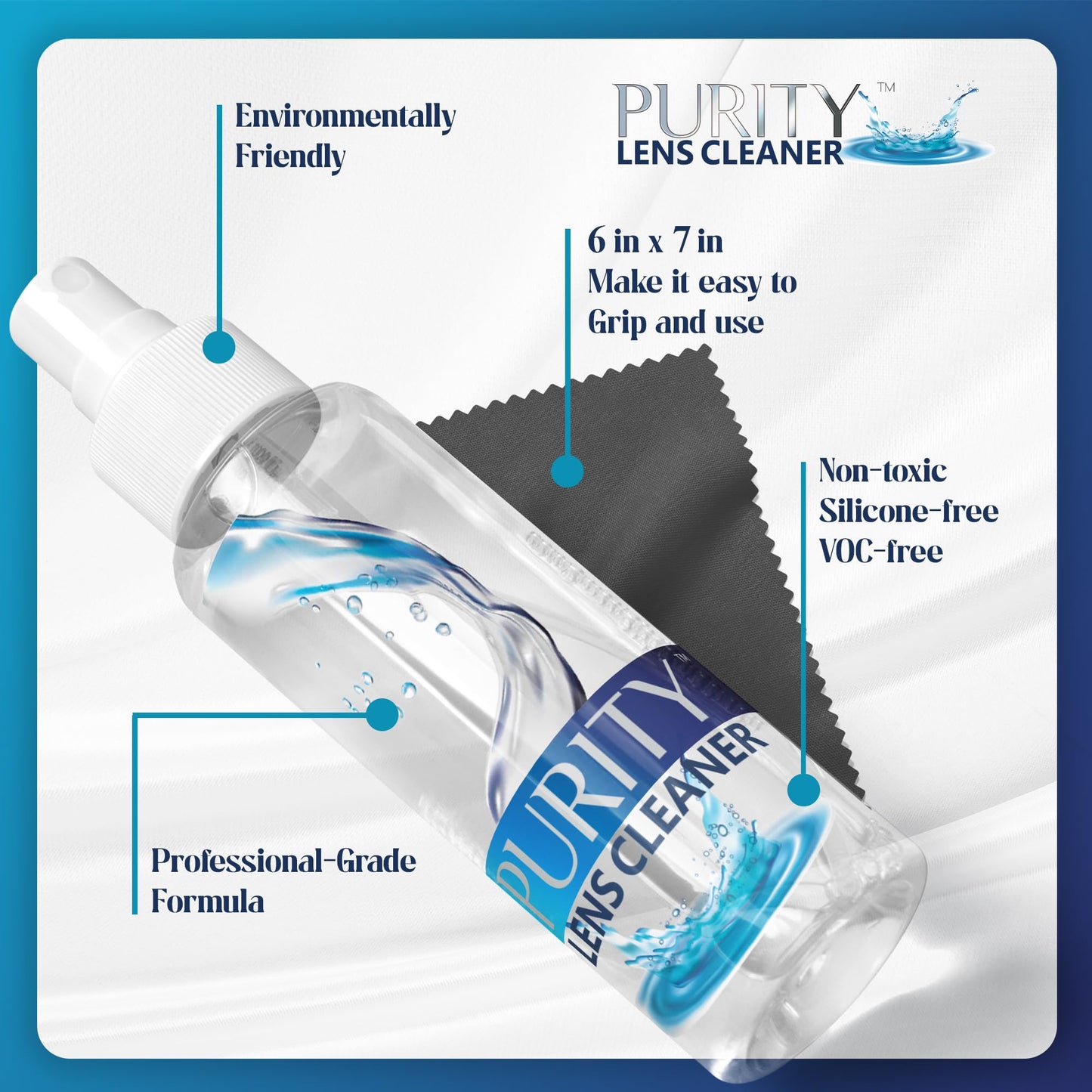 Purity Eyeglass Lens Cleaner Spray Kit – 3 x 8oz Bottles + 2 Microfiber Cloths (AR Coated)