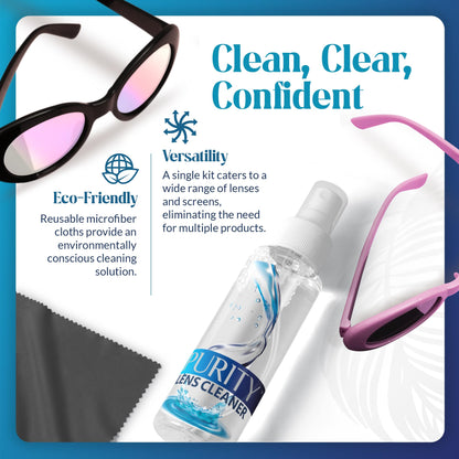 Purity Eyeglass Lens Cleaner Spray Kit – 3 x 8oz Bottles + 2 Microfiber Cloths (AR Coated)