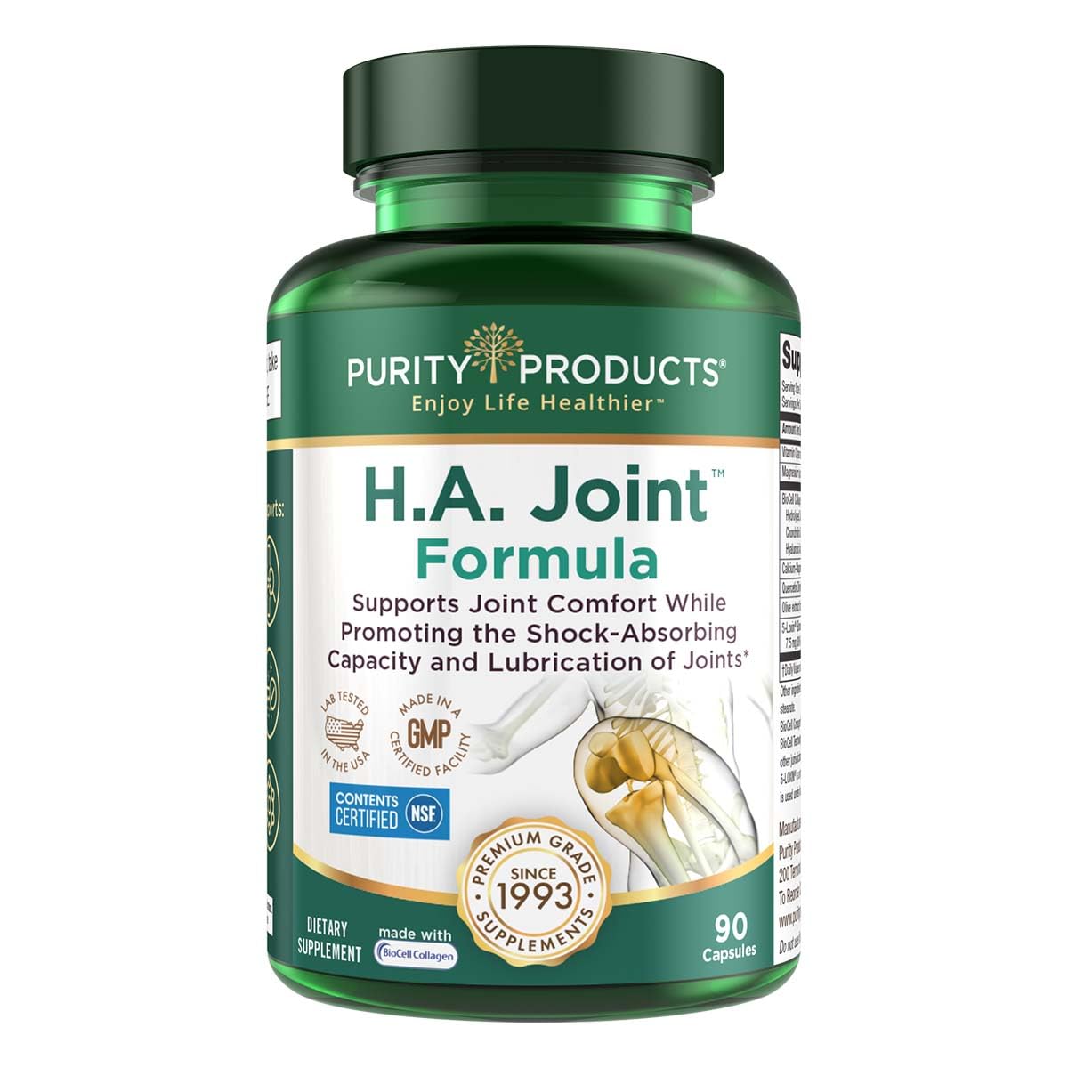 Purity Products HA Joint Formula with Hyaluronic Acid, BioCell Collagen, 5-Loxin – Joints + Skin Support, 90 Caps