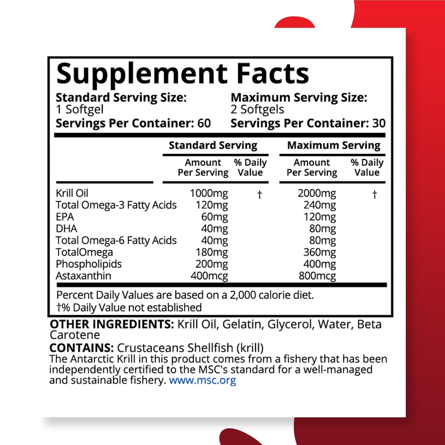 Purity Labs Antarctic Krill Oil 2000mg + Astaxanthin – Omega-3 (EPA/DHA) 60 Softgels