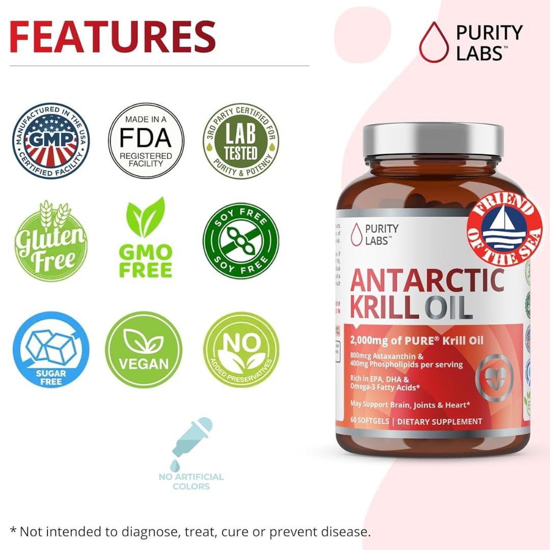 Purity Labs Antarctic Krill Oil 2000mg + Astaxanthin – Omega-3 (EPA/DHA) 60 Softgels