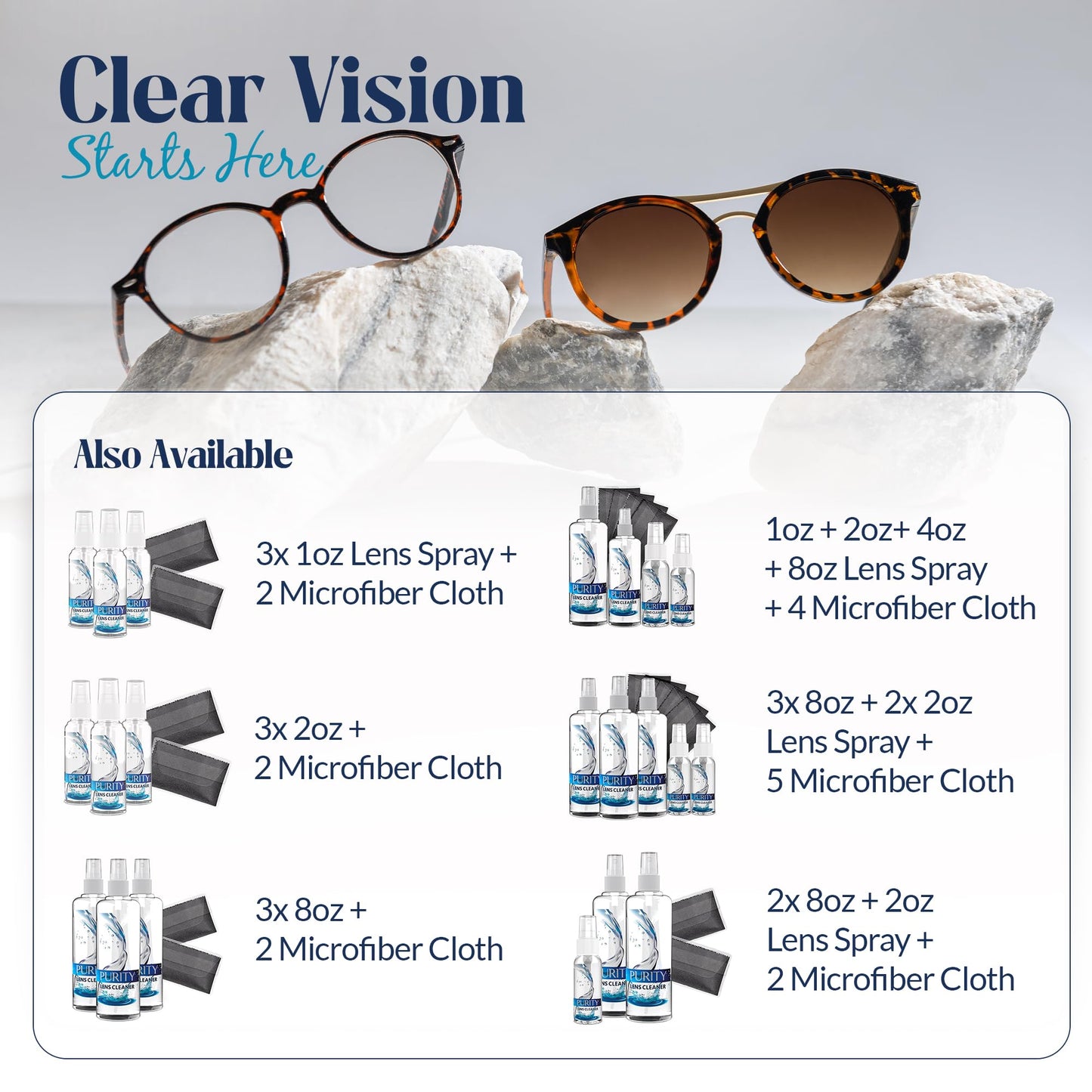 Purity Eyeglass Lens Cleaner Kit - 2x8oz + 1x2oz Spray, 2 Microfiber Cloths
