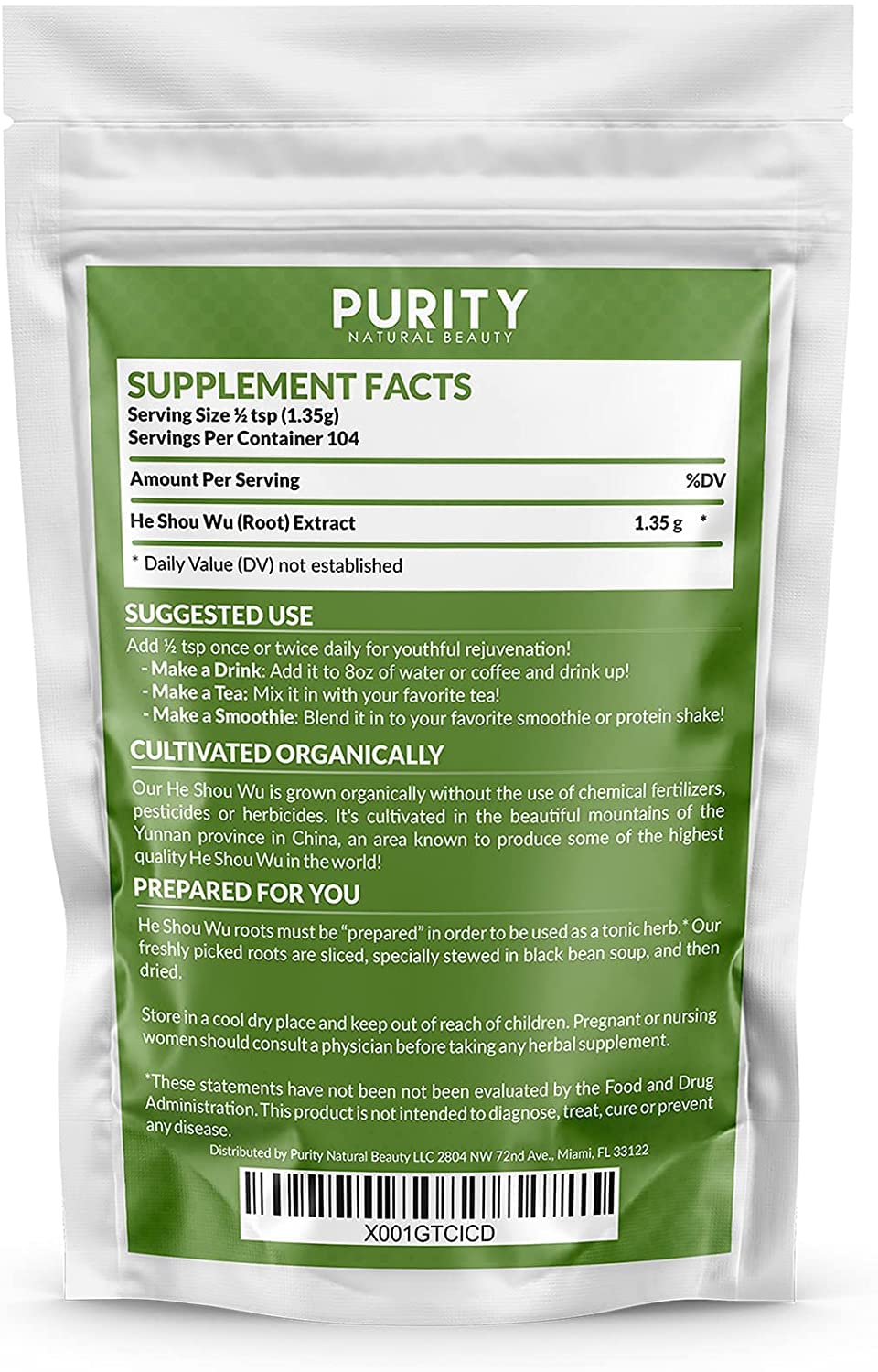 Purity Natural Beauty Organic He Shou Wu 5oz | 30:1 Fo-ti Extract