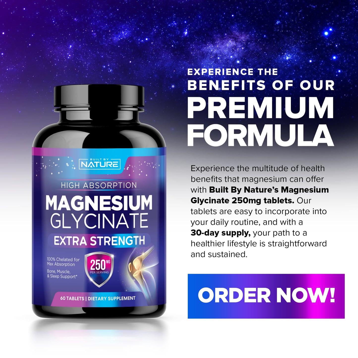Magnesium Glycinate 250mg - High Absorption Chelated Magnesium Supplement for Stress, Sleep, Heart & Muscle Health - 100% Pure, Non-GMO, Vegan, Gluten-Free (60 Tablets)