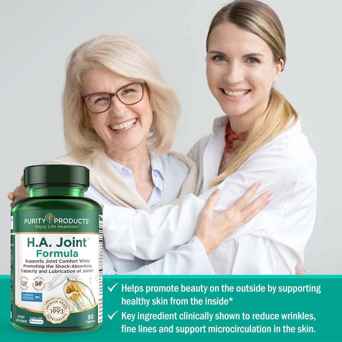 Purity Products HA Joint Formula with Hyaluronic Acid, BioCell Collagen, 5-Loxin – Joints + Skin Support, 90 Caps