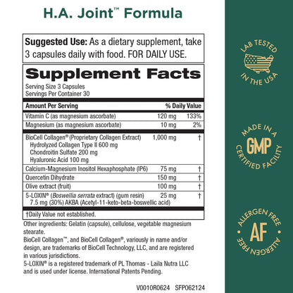 Purity Products HA Joint Formula with Hyaluronic Acid, BioCell Collagen, 5-Loxin – Joints + Skin Support, 90 Caps
