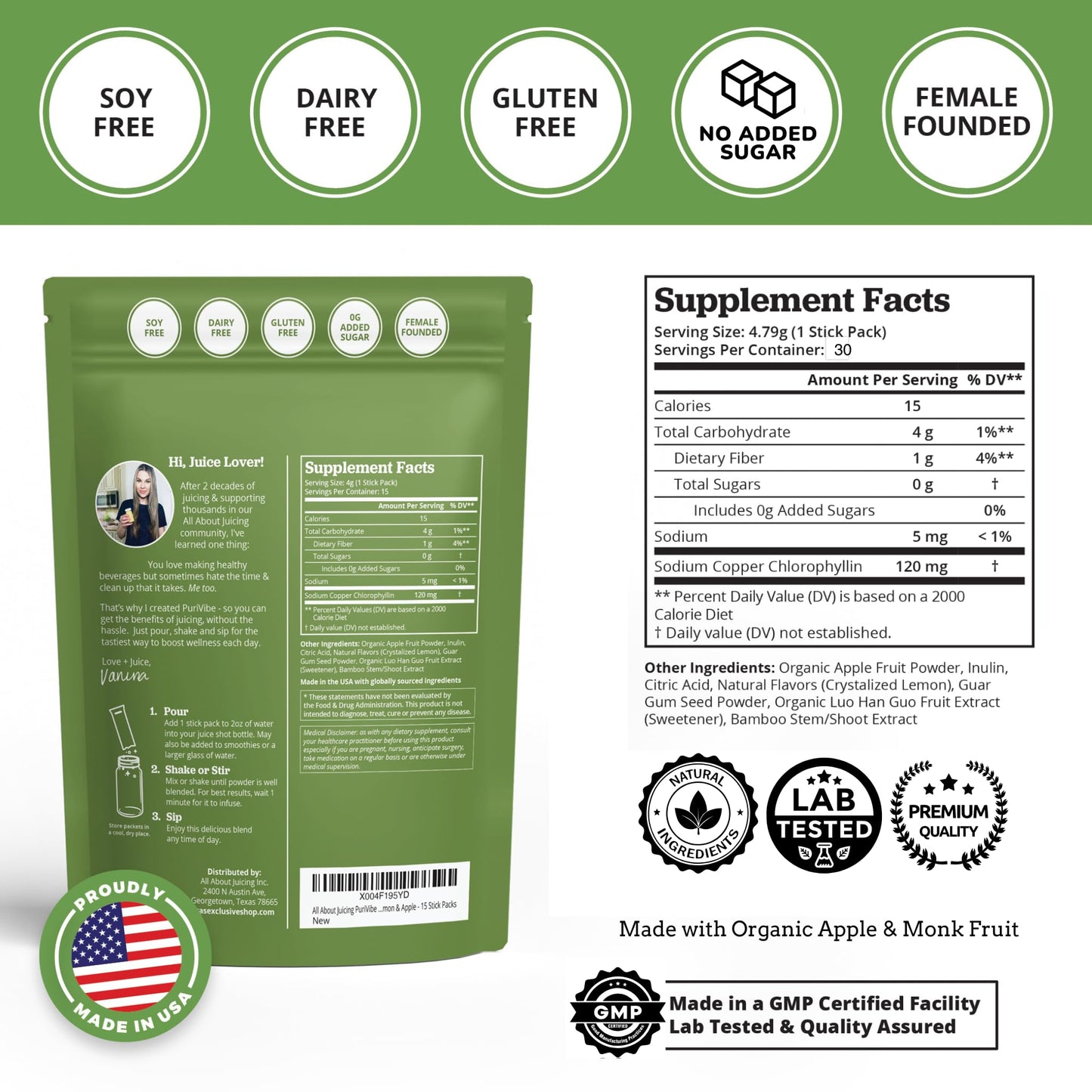 All About Juicing Chlorophyll Green Juice Shots – Clean Energy, Detox, Alkalize (30 Stick Packs)