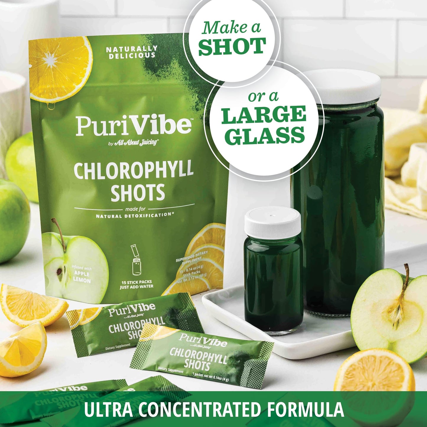 All About Juicing Chlorophyll Green Juice Shots – Clean Energy, Detox, Alkalize (30 Stick Packs)