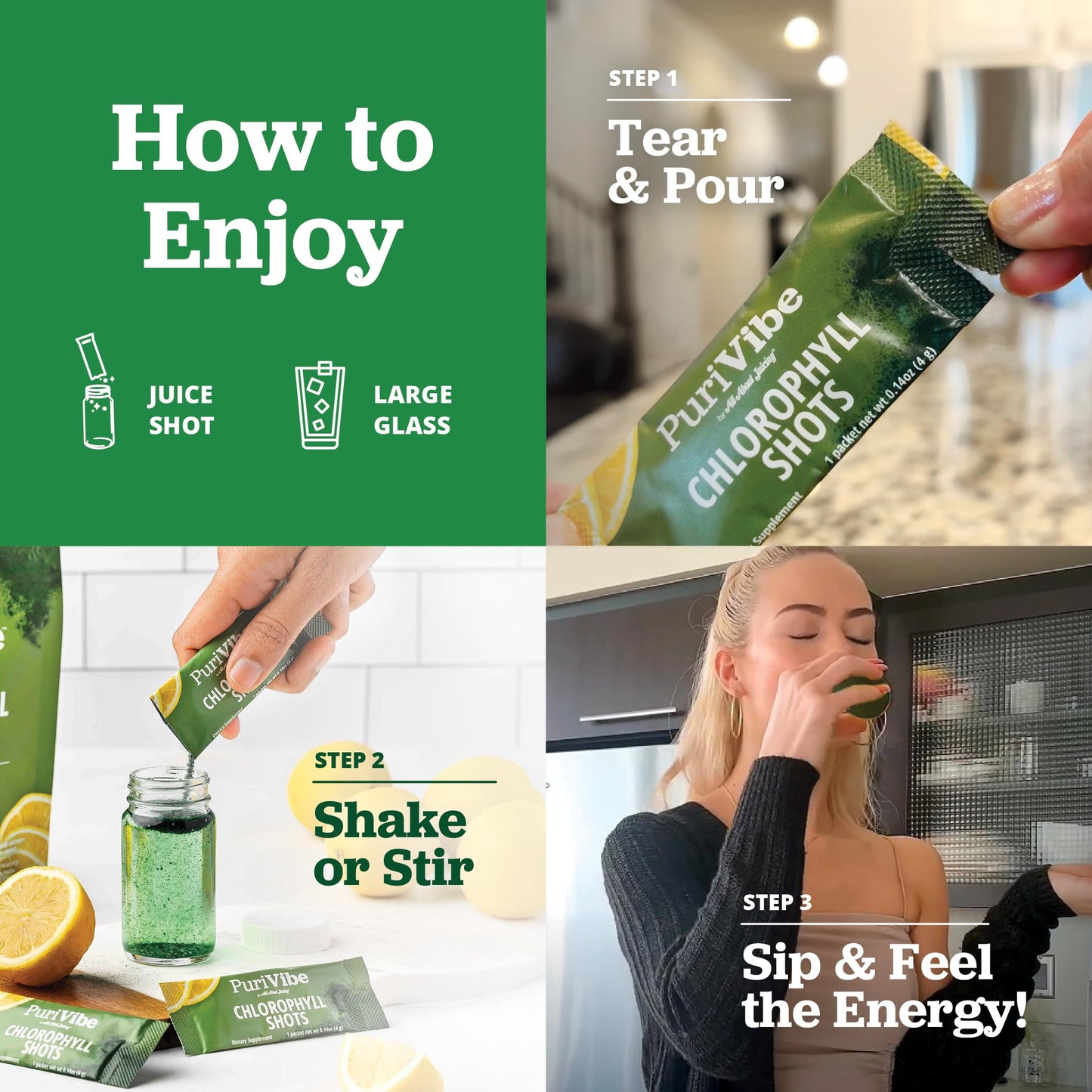 All About Juicing Chlorophyll Green Juice Shots – Clean Energy, Detox, Alkalize (30 Stick Packs)