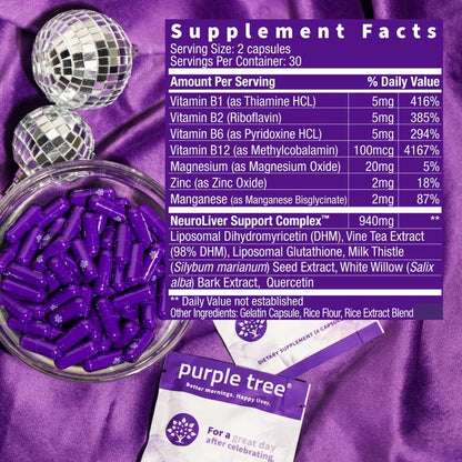 Purple Tree Post-Celebration Wellness Supplement | Liposomal DHM, Glutathione & Milk Thistle for Liver Support | 60 Capsules
