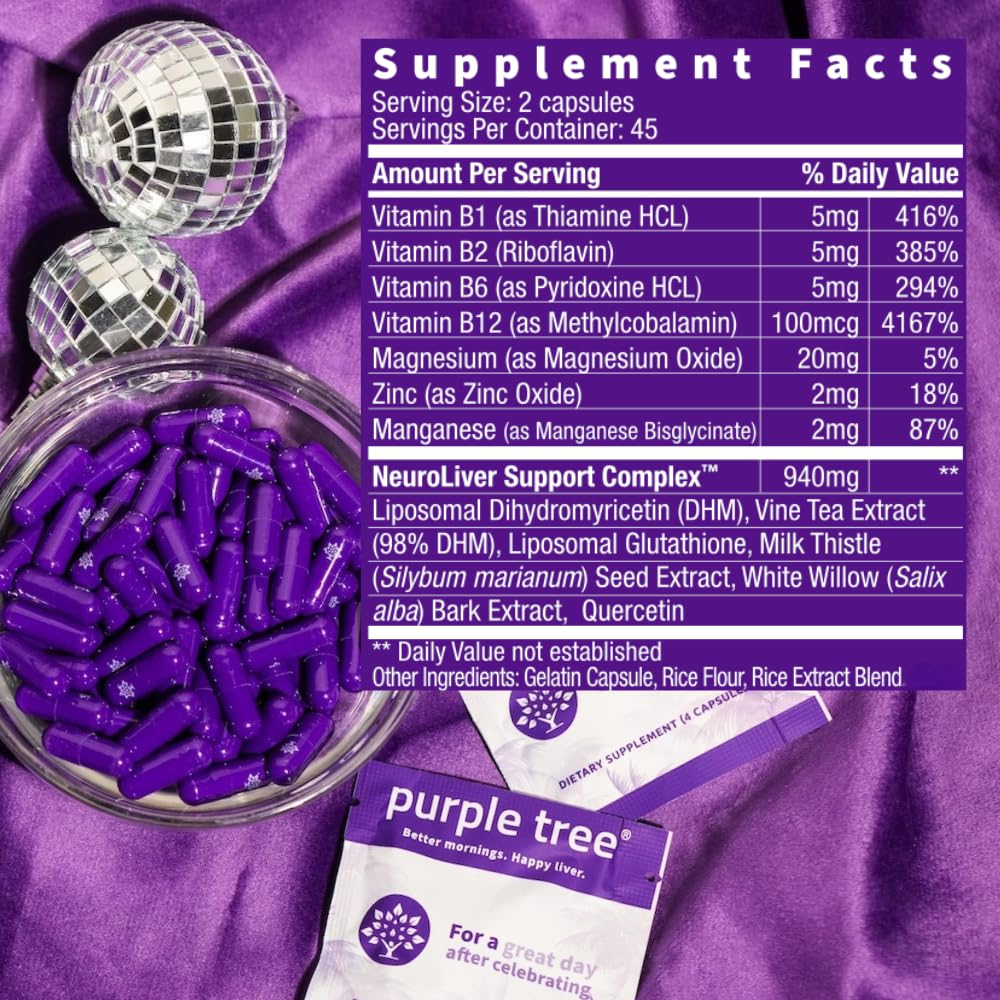Purple Tree Post-Celebration Wellness Supplement | Liposomal DHM & Glutathione | 90 Pills