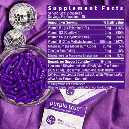 Purple Tree Post-Celebration Wellness Supplement | Liposomal DHM & Glutathione | 90 Pills